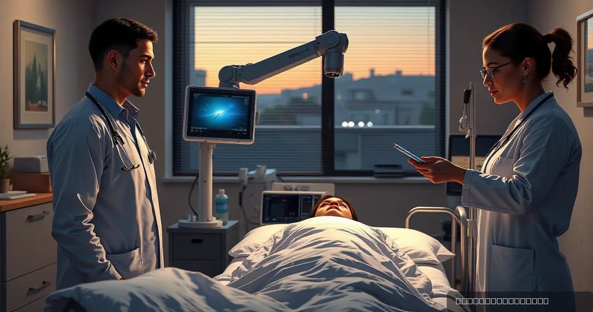 A doctor and a nurse are in a clinical examination room reviewing a patient while a mechanical service arm calibrates an unmarked diagnostic camera beside the bed, symbolizing AI-driven medical technology.