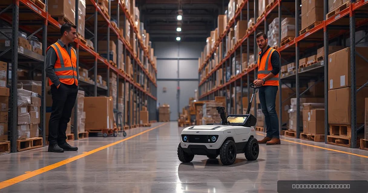 A mobile warehouse robot collects, scans, and delivers a parcel in a real-world warehouse setting as observed by a technician.