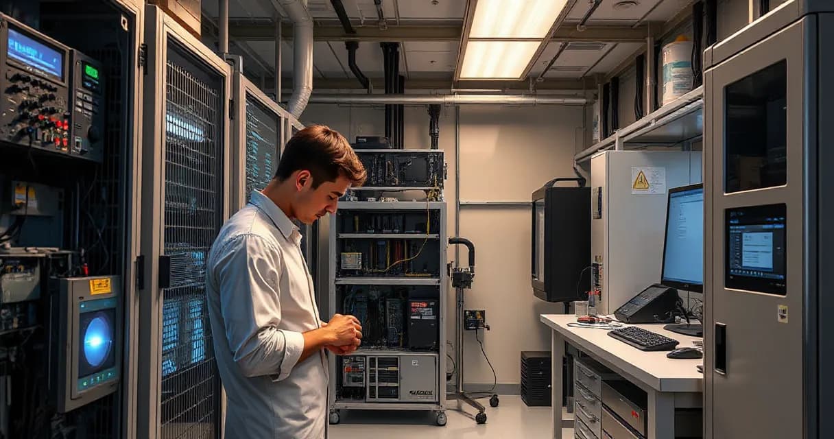 A technician is seen in a high-tech laboratory environment, focusing on replacing an accelerator card within a server rack while calibrating its cooling unit. The surrounding area includes various pieces of specialized hardware and computer equipment, emphasizing the advanced nature of AI technology