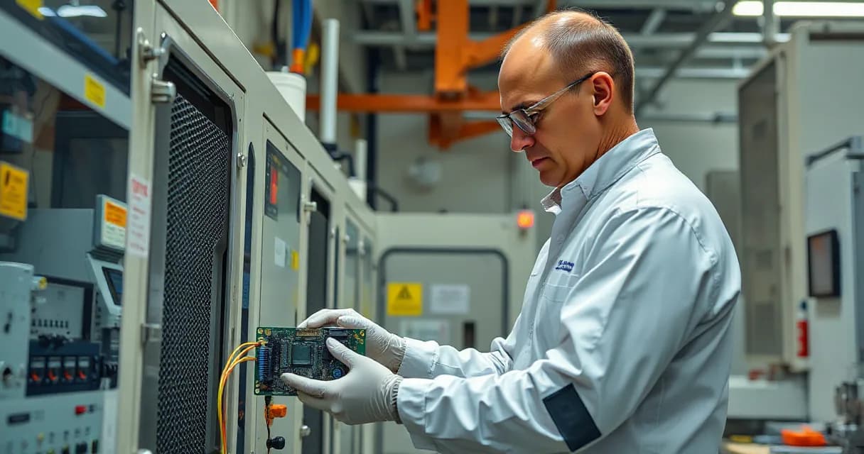 A technician in a lab coat and gloves is working on an electronic component within industrial equipment, suggesting advanced technological development related to artificial intelligence infrastructure.
