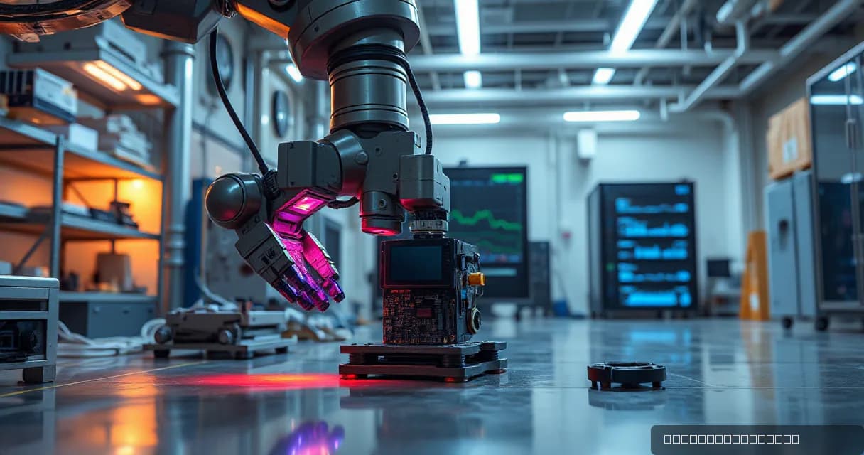 A robotic arm aligns a small engineered component in a clean fabrication bay with cool ambient lighting and warm accents, symbolizing advanced AI software development.