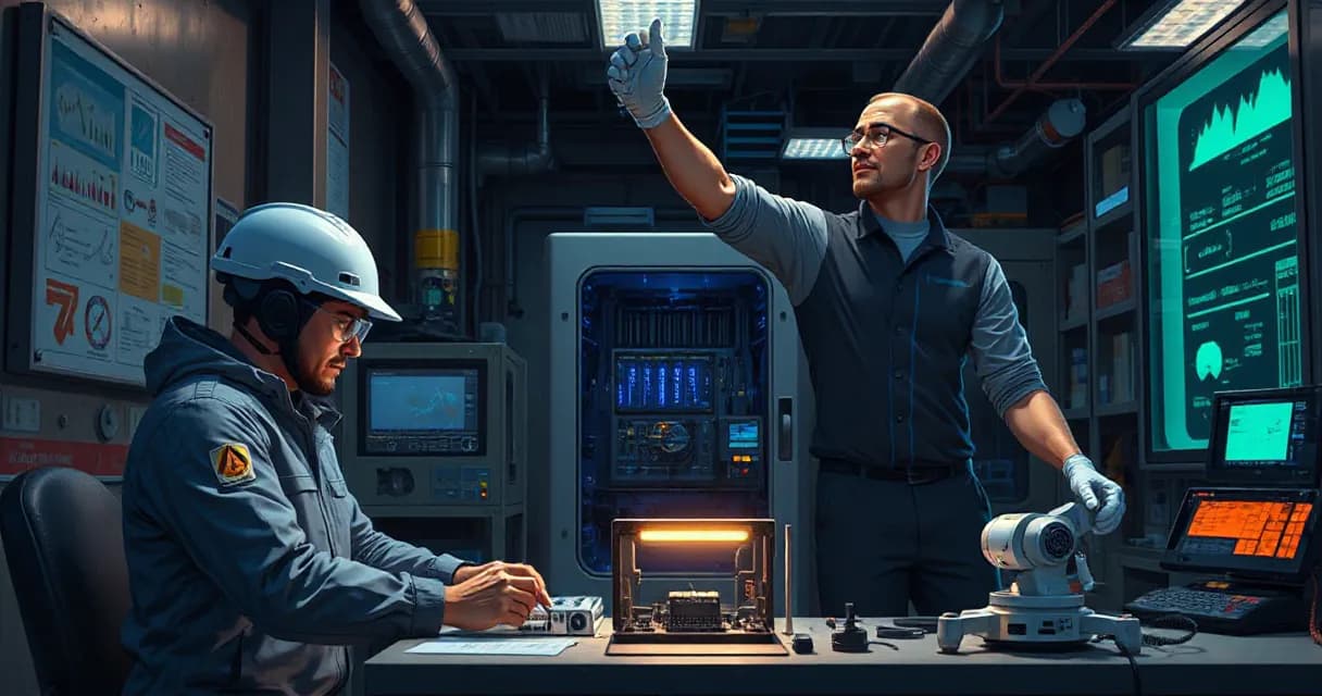 In a high-tech laboratory, an engineer installs a new accelerator card while a technician tests the machine's functionality using a robotic arm. The environment is filled with advanced technological equipment and ambient lighting that highlights the central action of installation and testing.