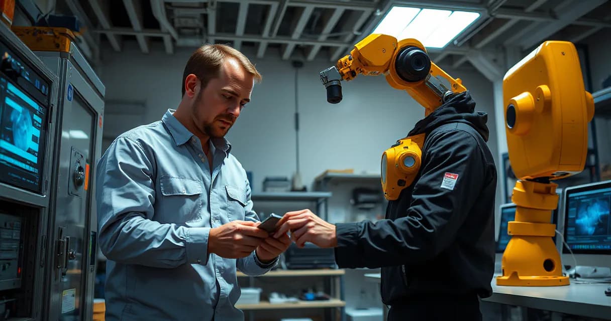 An engineer installs an accelerator card as a technician tests it on a robotic arm within a practical AI laboratory setting. The scene is captured in a low three-quarter view with cool ambient lighting, emphasizing collaboration and innovation in technology development.
