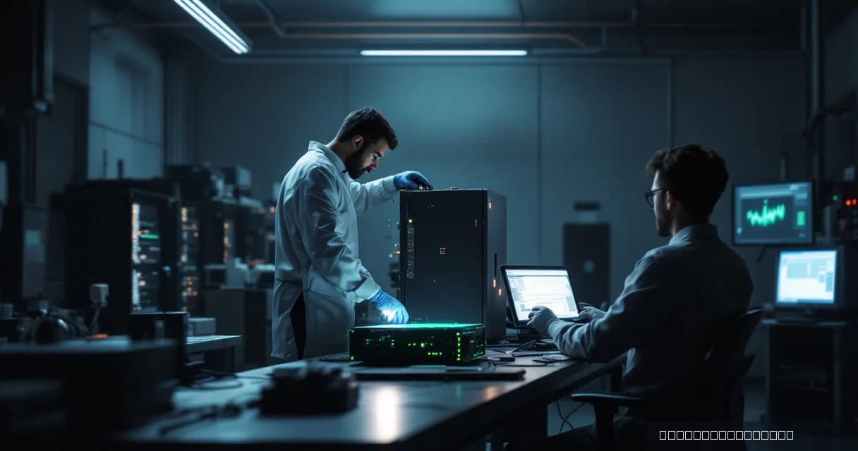 A technician in a lab coat installs an accelerator card on a test bench while another engineer measures the upgraded machine under realistic load. The scene is set in a modern hardware laboratory with a focus on the central action, maintaining a wide composition with generous negative space.