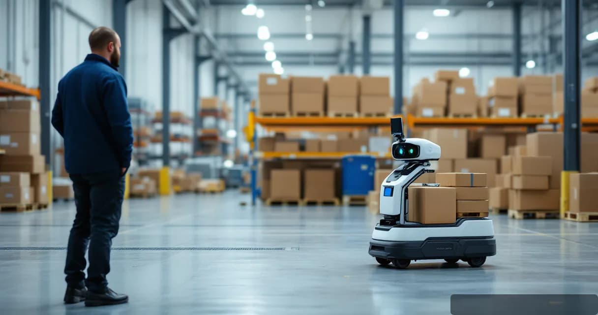 A technician observes as a mobile warehouse robot collects, scans, and delivers a parcel in a large industrial warehouse setting.