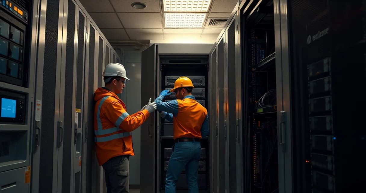 Two individuals in safety gear are working inside a server room, repairing an opened server cabinet while disconnecting a compromised cable from the protected server rack. The scene is set against the backdrop of real equipment with realistic lighting and surfaces.