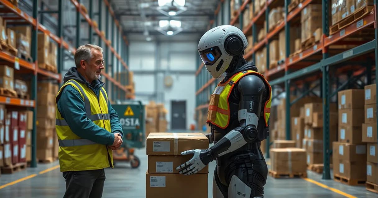 An autonomous warehouse robot in a high-visibility vest sorts unmarked parcels under the supervision of an operations technician in a large industrial warehouse setting.