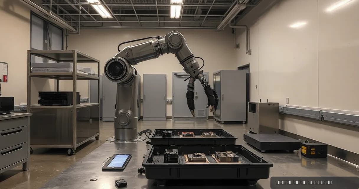 A robotic arm sorts components into trays while a technician tests its camera-guided grip in a robotics lab setting.