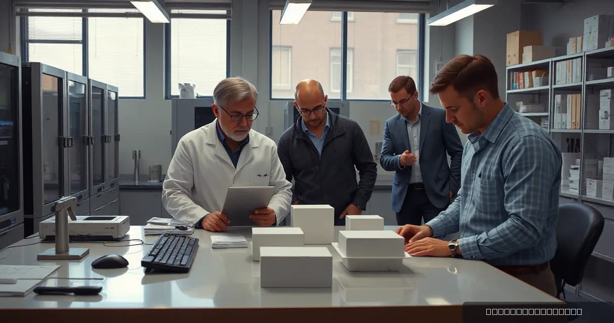 In a quiet academic laboratory, an older researcher in a white lab coat and an engineer in casual attire compare two plain physical models on a table while colleagues observe. The scene is set with contemporary equipment and realistic handling of objects, creating a calm and focused atmosphere appro