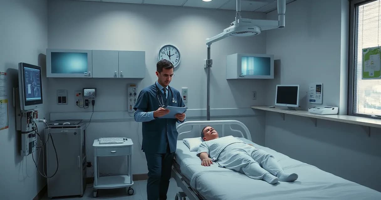 A doctor reviews a patient while a technician calibrates an unmarked diagnostic camera beside the bed in a clinical examination room. The scene symbolizes AI's role in protecting people from harmful manipulation within healthcare settings.