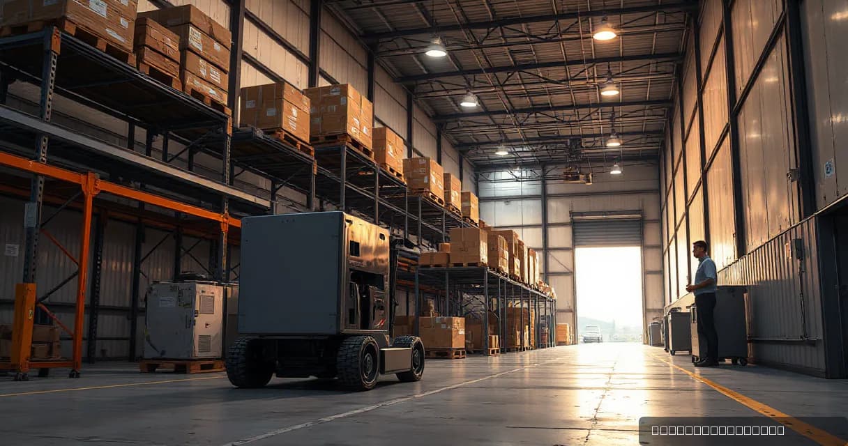 An autonomous warehouse robot sorts unmarked parcels under observation by an operations technician in a spacious industrial setting, symbolizing automated resource distribution.