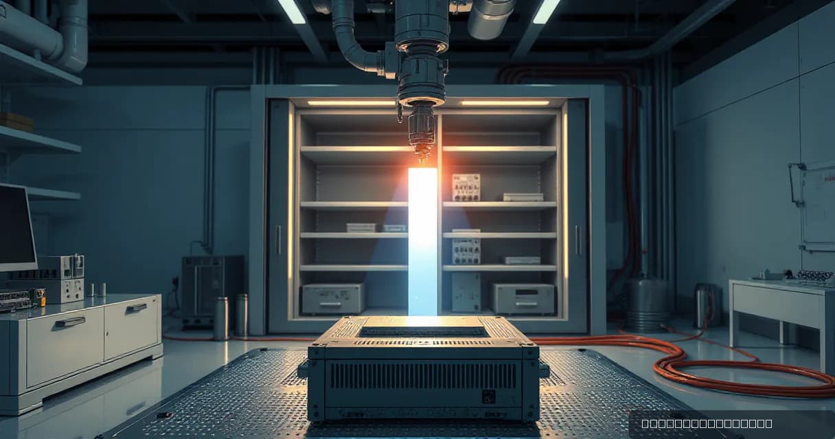 A precision facility laboratory where a mechanical service arm installs accelerator cards into a relay cabinet, symbolizing the transition from an outdated infrastructure to a modular system supporting AI data streams. The image uses a silicon-prism metaphor and realistic color palette for editorial