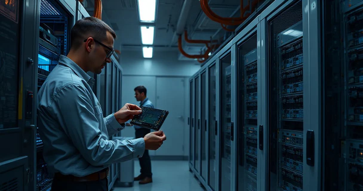 A technician installs an accelerator card into a server rack in a data center laboratory while another engineer tests the upgraded machine under realistic load.