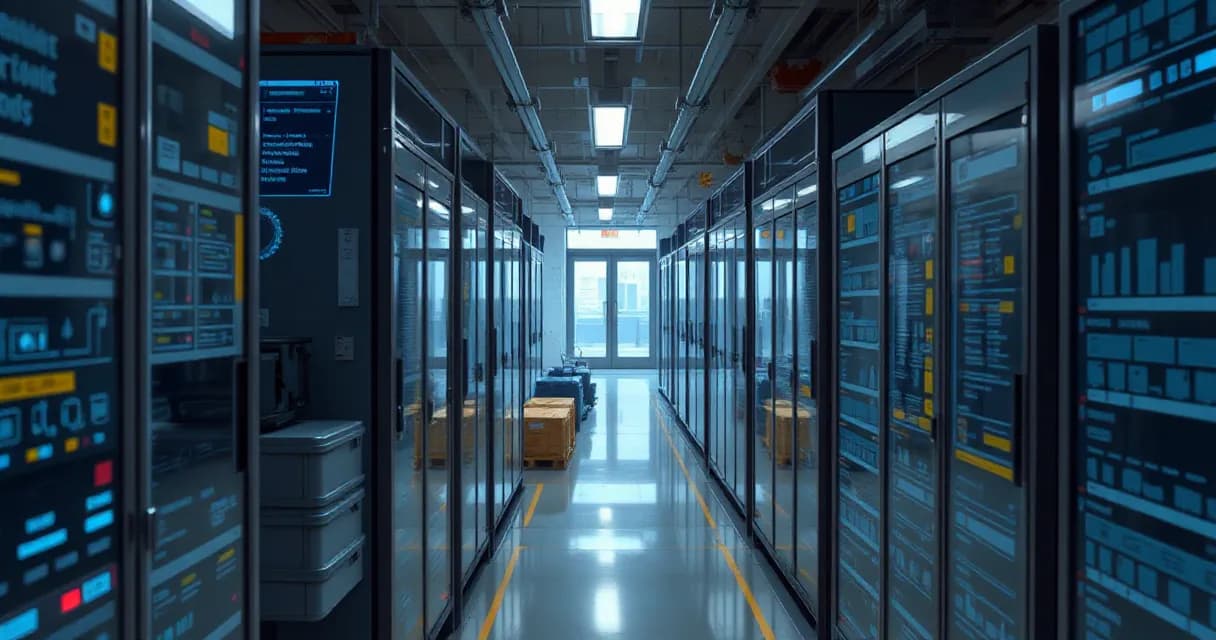 A data center corridor with rows of server racks displaying digital interfaces, suggesting local audio processing capabilities without external network connections.