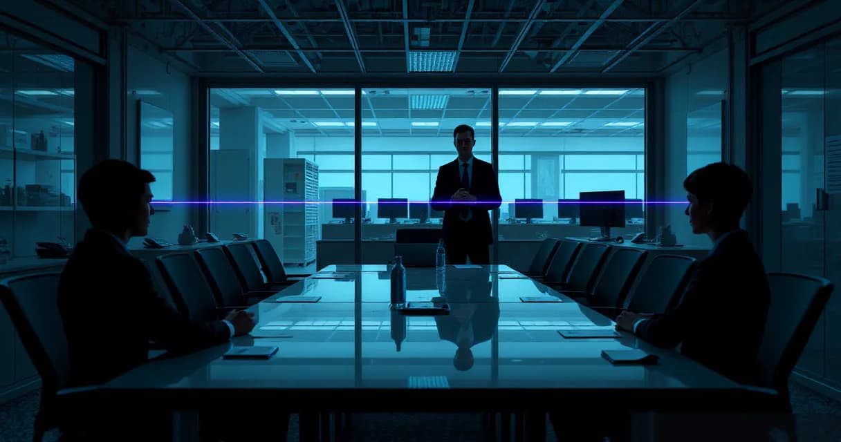 A tense meeting in a quiet work area training room where an anonymous trainee rehearses across a table, symbolized by layered translucent glass and a narrow beam of light representing seamless data processing within AI systems.