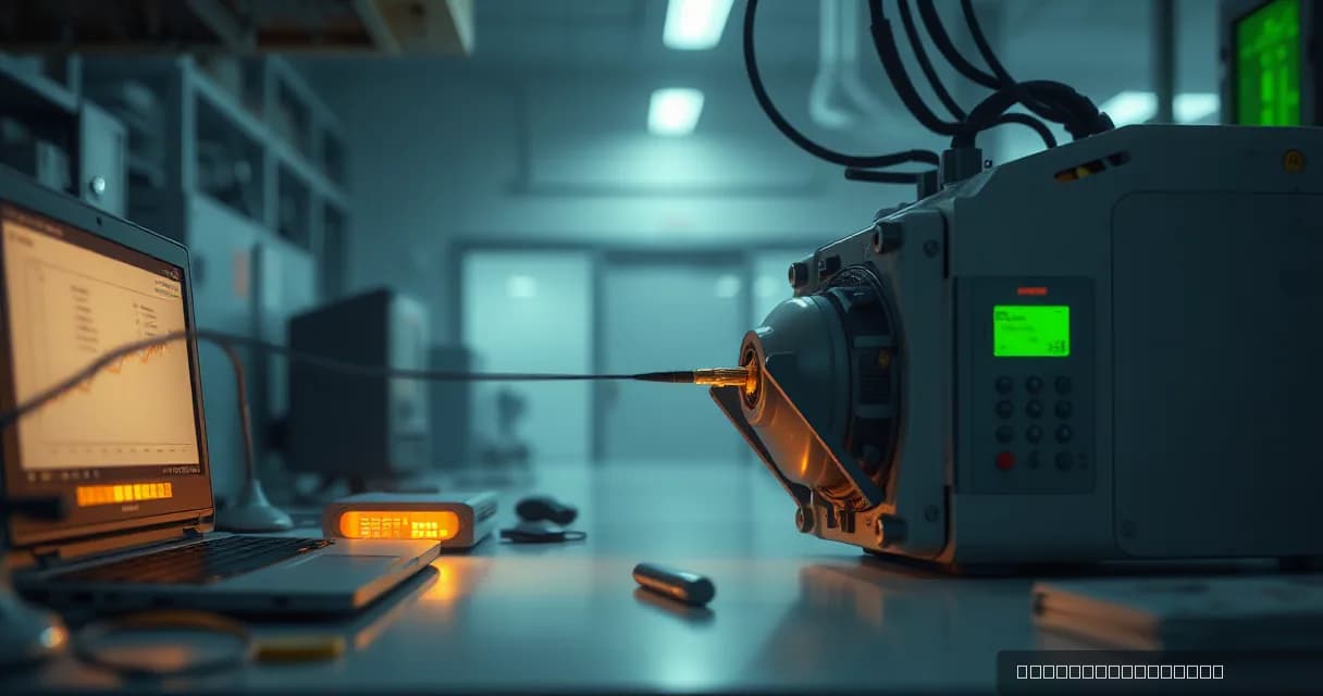 A technical instrument changes state at the moment a fiber connection locks into place, symbolizing the integration of industrial production with digital networks to support artificial intelligence.
