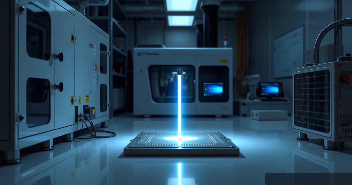 In an AI laboratory, a silicon wafer and a ceramic accelerator module meet under a sharp prism of light on a precision workbench. A cooling unit runs beside while two calibration mechanisms test one accelerator card in an open machine.