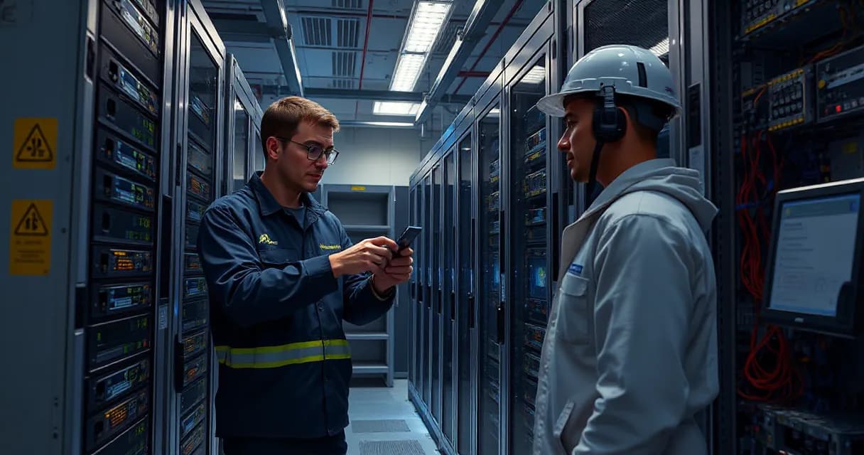 A technician installs an accelerator card into a server rack while another individual tests the upgraded machine under realistic load conditions in a data center laboratory setting.