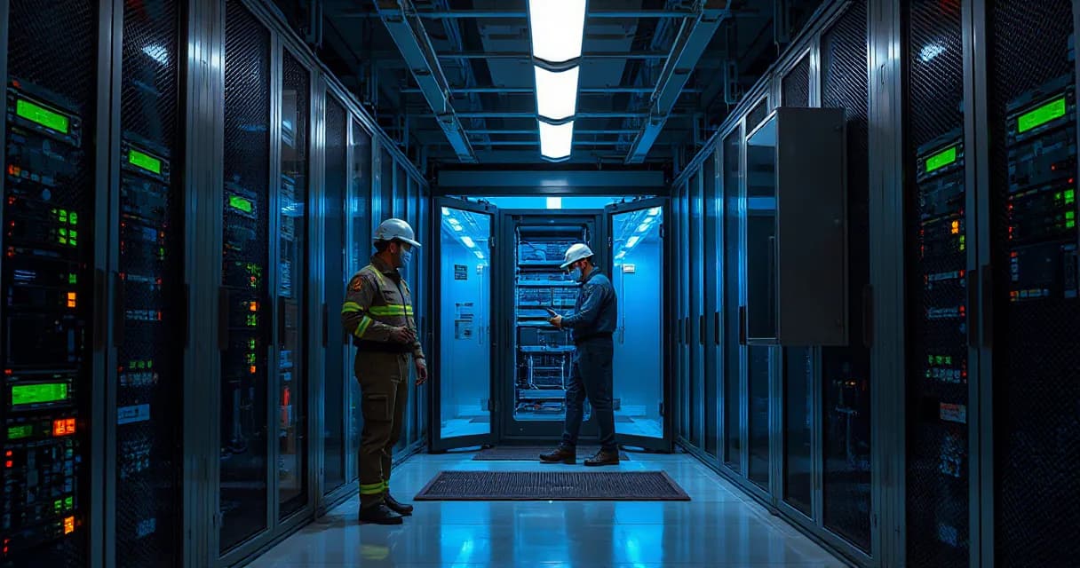 Two incident responders close a breached security gate around one server rack while an engineer removes the damaged connection in a dimly lit, high-tech server room.