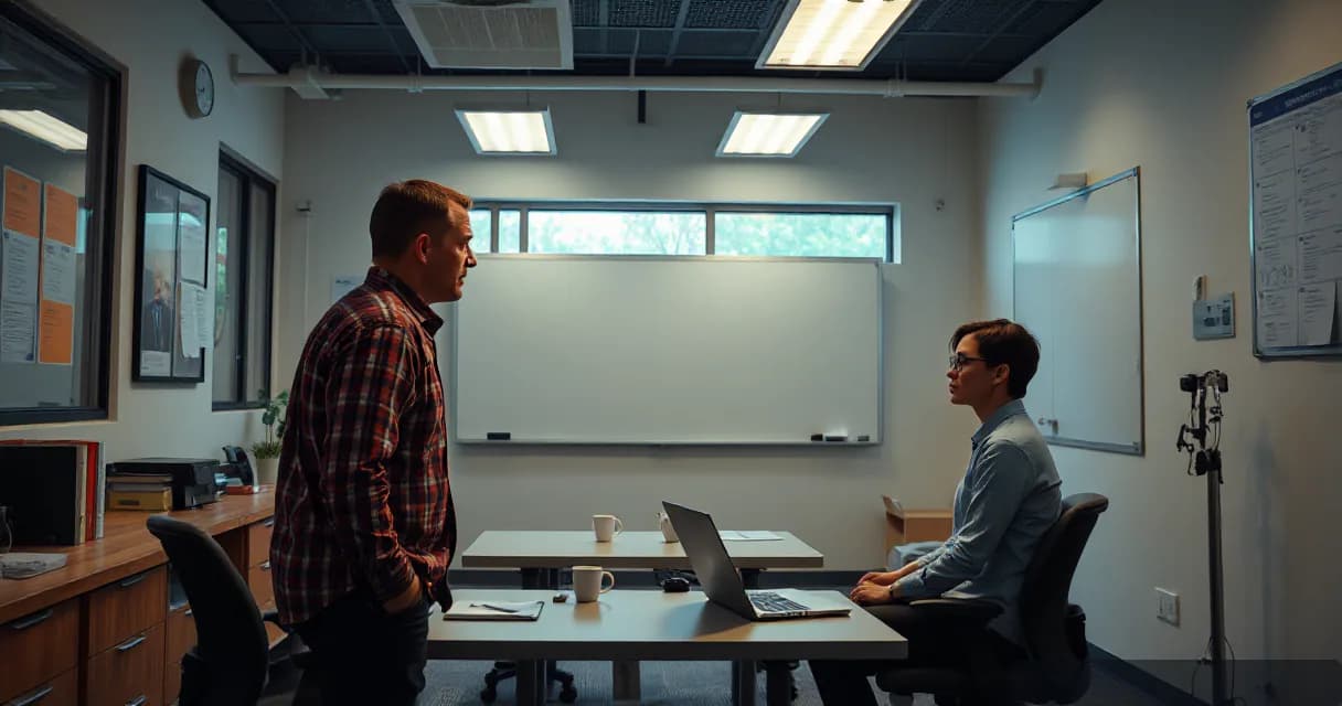 Two individuals are engaged in a training exercise within a minimalistic office space featuring whiteboards and natural light. One person is seated at a desk with a laptop, while the other stands nearby, suggesting a coaching or mentoring scenario related to AI software development.