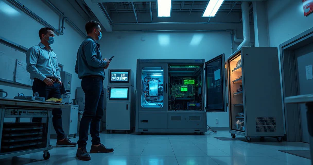 Two engineers are testing an accelerator card within an AI laboratory. The environment features advanced equipment under cool ambient lighting, emphasizing the technical nature of their work.