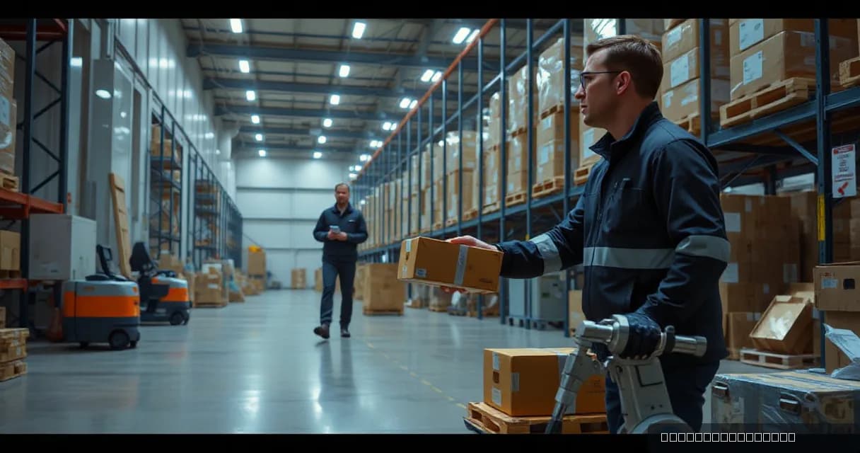 A warehouse worker operates a robotic arm to sort parcels while an operations technician observes in the background, highlighting the integration of AI technology in logistics.