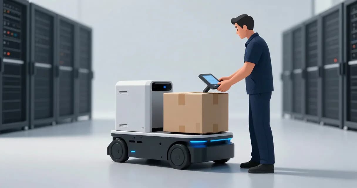 Работник склада и робот совместно выполняют последовательную операционную процедуру под наблюдением оценщика.