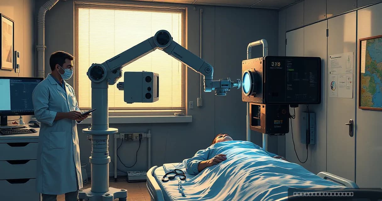 A doctor in a lab coat stands beside a patient lying on an examination bed while a mechanical service arm calibrates a diagnostic camera. The scene is set in a clinical examination room with clean industrial lighting and warm concrete tones, symbolizing advanced medical technology integration.