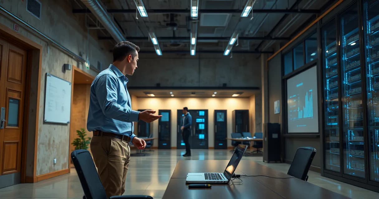 A man in a light blue shirt stands at a table in an industrial training room, gesturing as if explaining something to another person off-camera. A laptop sits open on the table, and server racks are visible in the background with glowing blue lights indicating active servers or data storage.