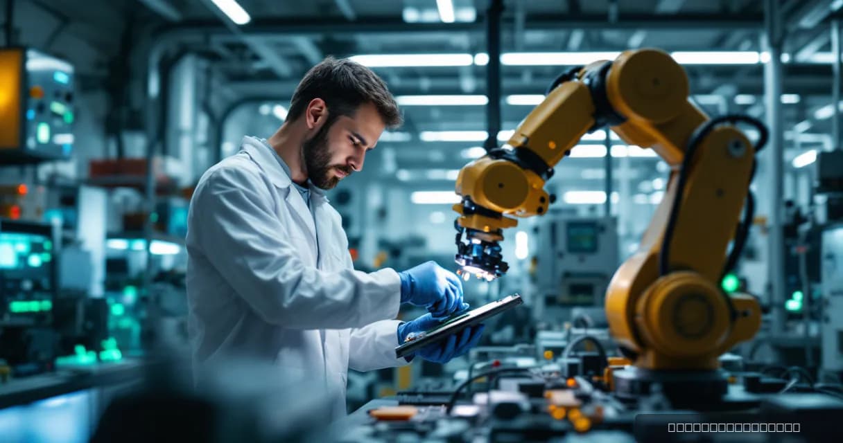 An engineer in a white lab coat is working at a workstation with a robotic arm. He holds a tablet while adjusting or programming the machine, set against an industrial backdrop of machinery and control panels.