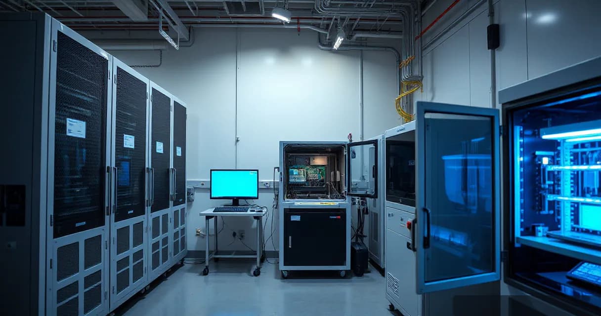An AI laboratory where two engineers test an accelerator card in one open machine while a cooling unit runs beside it, symbolizing technological advancement and innovation.