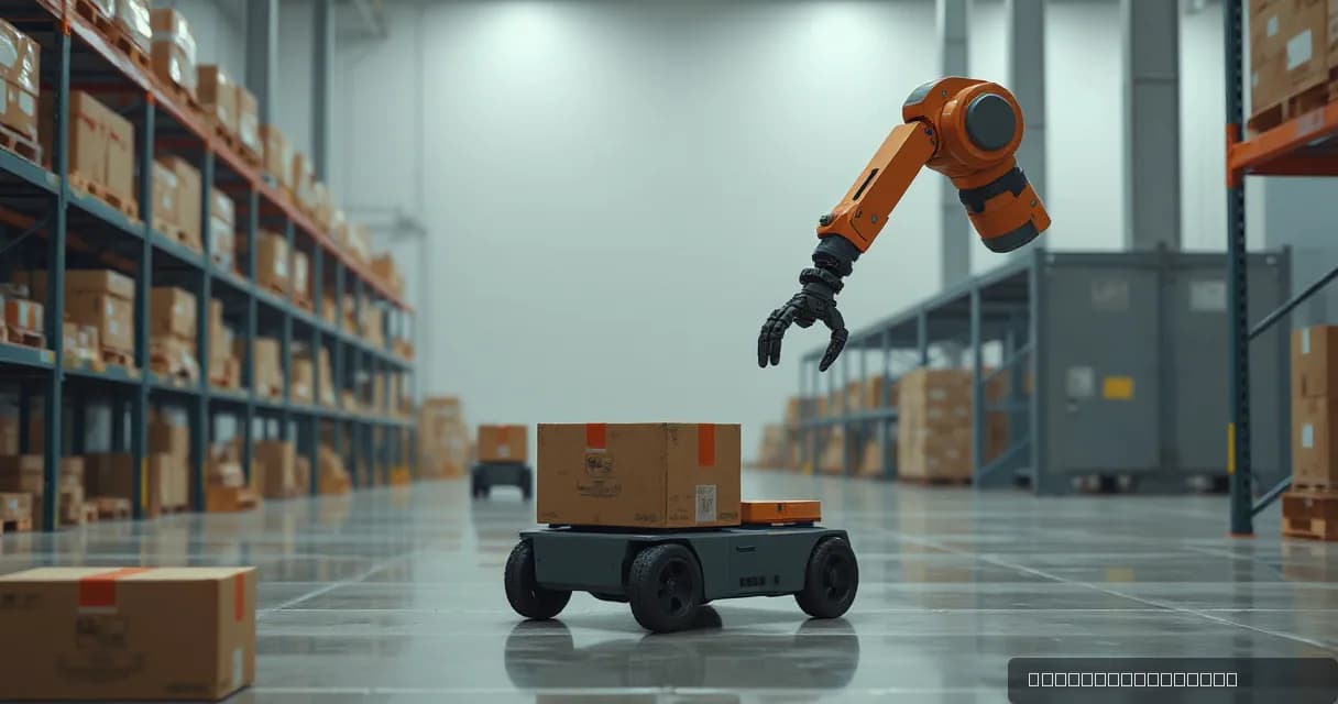 A robotic arm extends over a mobile warehouse robot carrying a parcel in a modern warehouse setting, symbolizing advanced automation in logistics and IT architecture scaling.