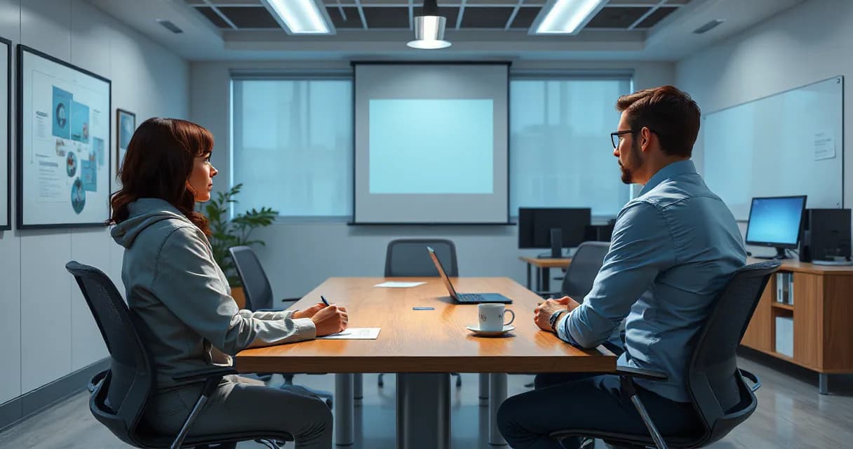 Two individuals seated across from each other at a conference table in an office training room, one appears to be taking notes while the other seems to be explaining or presenting something. The environment includes modern office furniture, a large screen on the wall, and minimal background activity