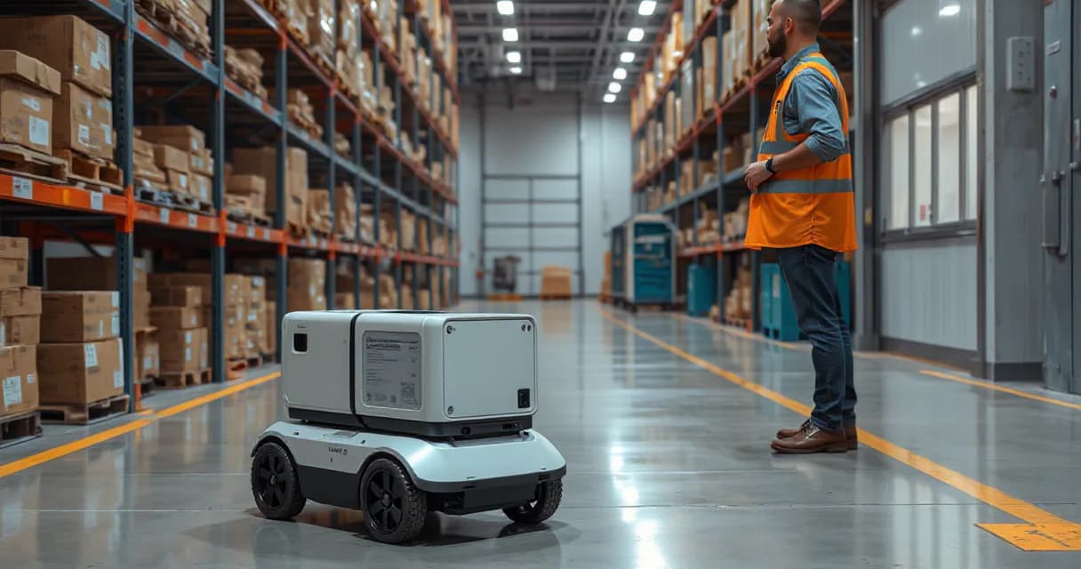 A mobile warehouse robot is collecting, scanning, and delivering one unmarked parcel on a real warehouse floor while a technician observes the completed multi-step task.