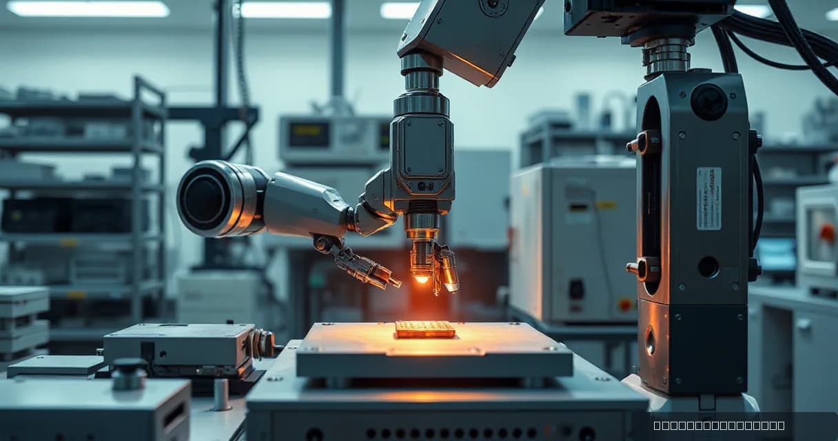 A robotic arm precisely aligns an engineered component inside a clean fabrication bay under warm, late-afternoon light in a laboratory setting.