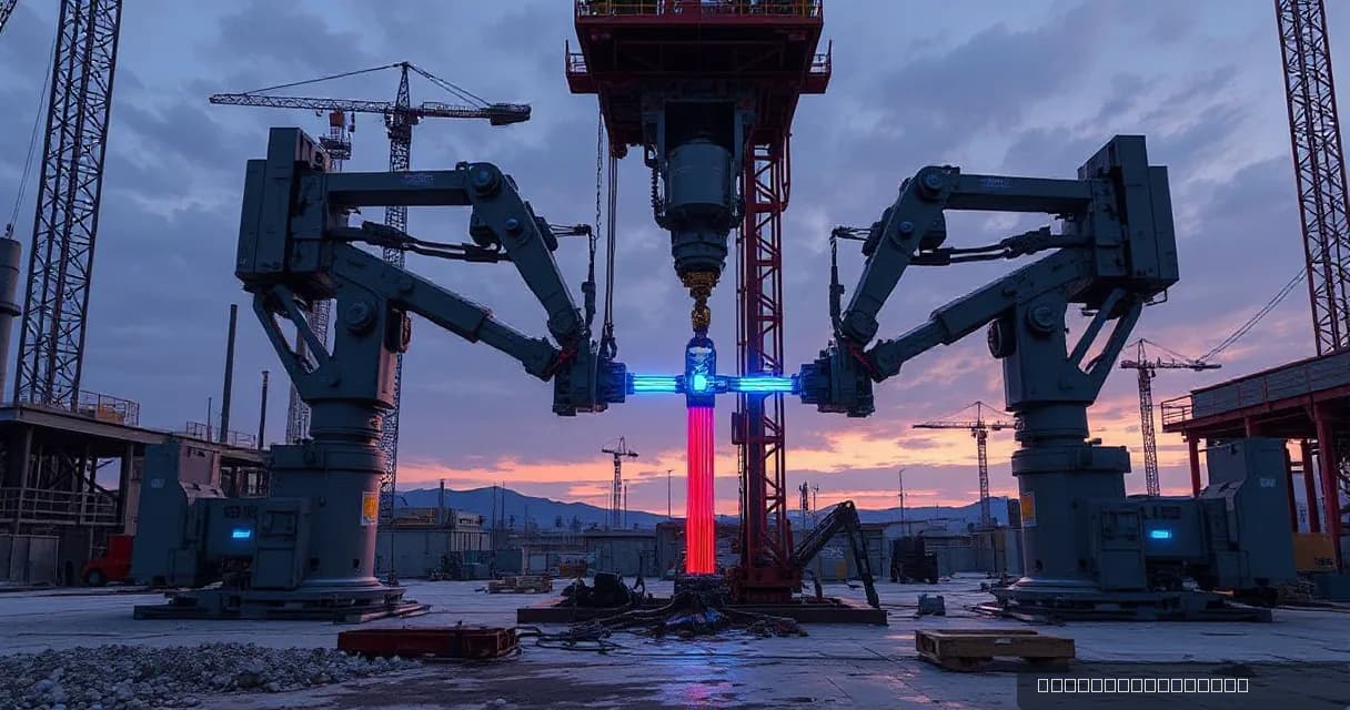 Two mechanical service arms connect at a precise moment with a fiber connection in an active precision facility construction site, symbolizing advanced AI technology in action. The scene is set against a warm concrete backdrop with cool ambient light and a precise electric-blue accent.