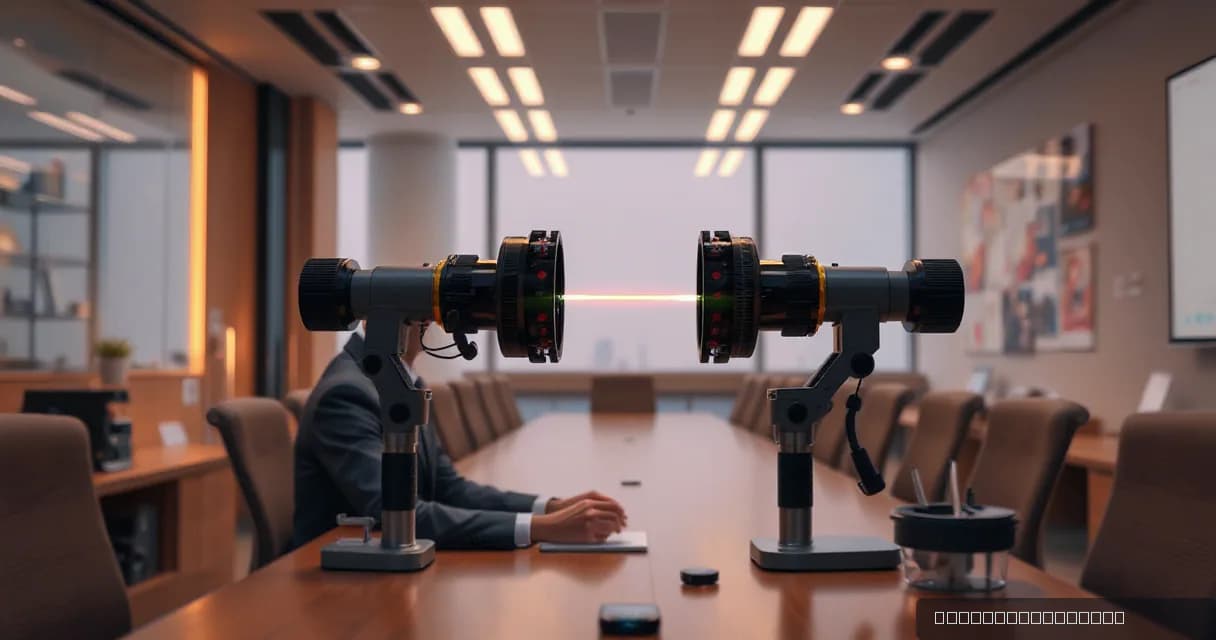 A conference room setting where two advanced optical instruments are positioned on either side of a table. The instruments emit a focused light beam that intersects in the center, symbolizing parallel processing techniques for handling large datasets. The scene is bathed in warm evening light, empha