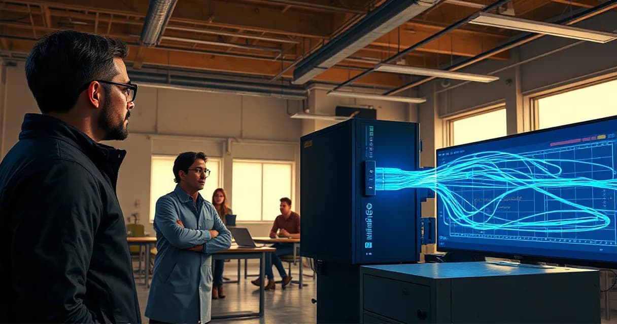 A classroom scene featuring two individuals observing a large screen displaying complex data visualizations related to educational performance under the influence of artificial intelligence. The environment is industrial yet clean, with warm concrete tones and electric-blue accents highlighting the