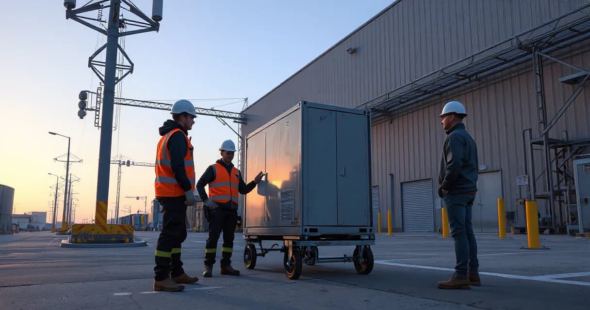 Two technical crews wearing safety vests and hard hats are transferring an equipment cabinet on wheels at a public infrastructure facility, while a manager in casual attire inspects the completed handoff. The scene is set against a backdrop of industrial structures under late-afternoon lighting with