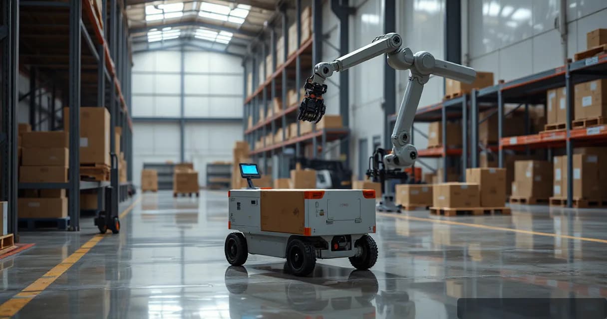 A mobile warehouse robot collects, scans, and delivers one unmarked parcel while a mechanical service arm observes in a clean industrial warehouse setting.
