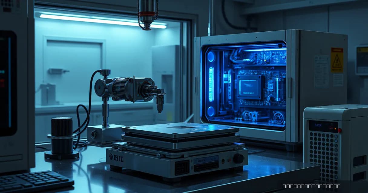 An AI laboratory scene where two calibration mechanisms test an accelerator card within a machine while a cooling unit operates beside, emphasizing technological precision and innovation.