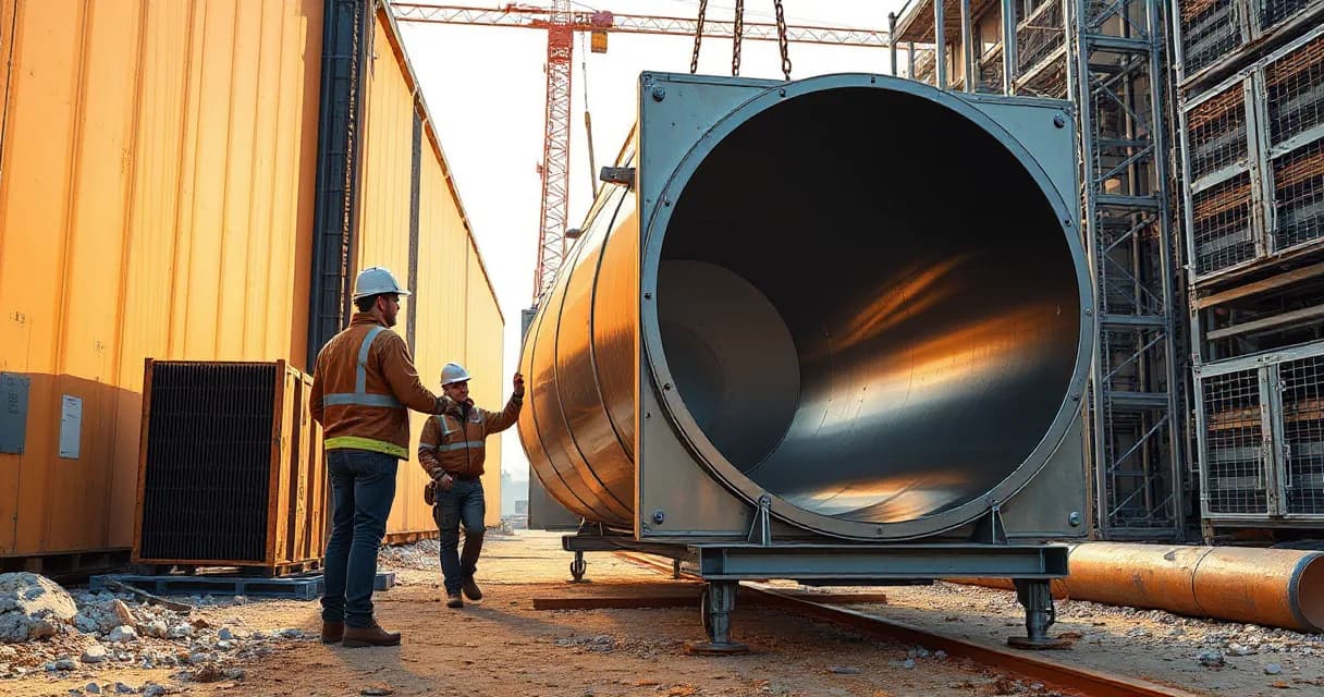 Two technicians guide a large cooling duct into place at an active data center construction site under early-morning side light, symbolizing investment in modern technological infrastructure development.