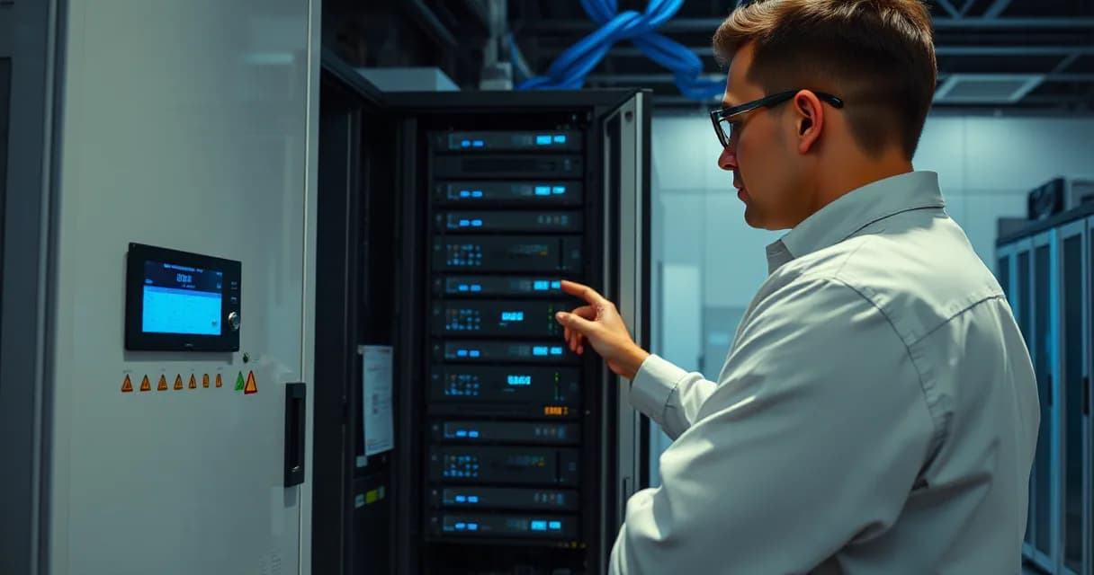 A technician is installing an accelerator card into a server rack in a data center laboratory setting.