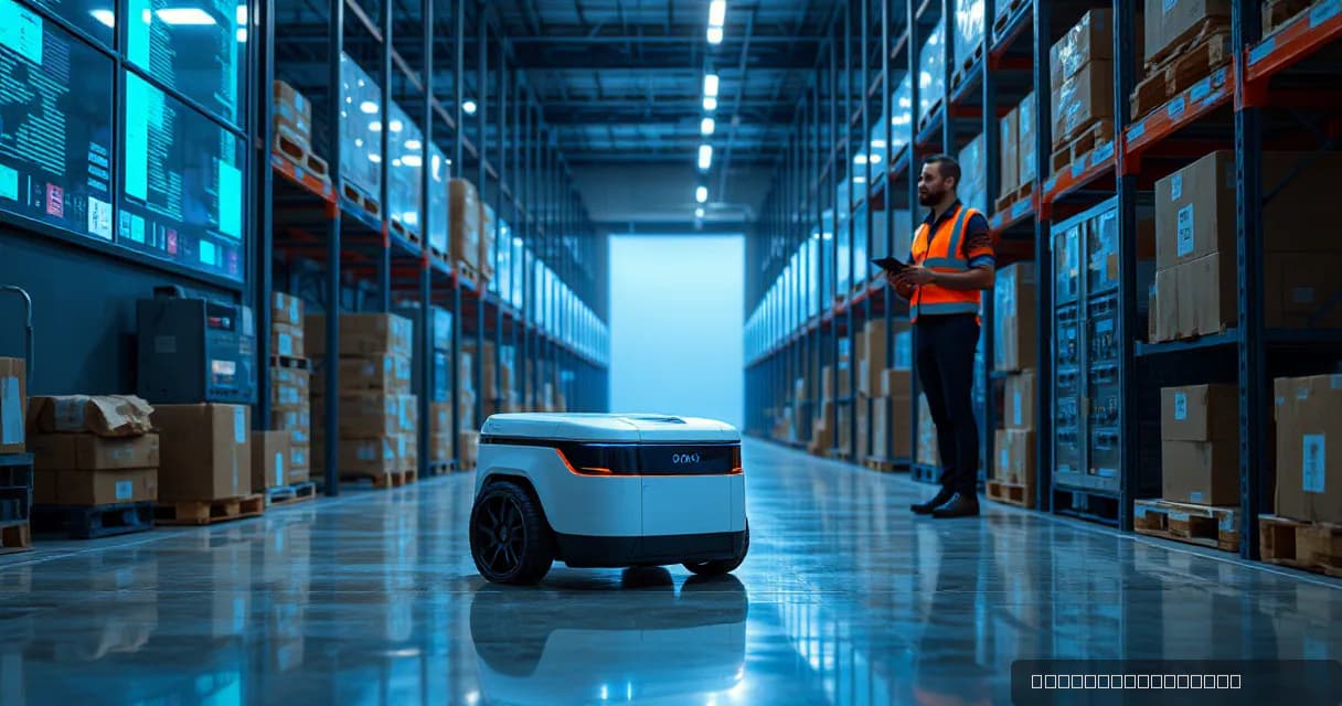 A mobile warehouse robot operates autonomously within a modern warehouse, collecting and delivering an unmarked parcel while a technician observes its operation from a distance.