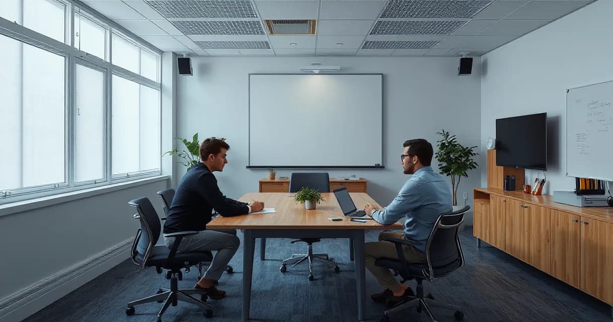 Two individuals are seated at a table in a modern office space, with one person actively writing on paper while the other observes. The room features large windows allowing natural light to fill the space, a whiteboard, and a flat-screen monitor displaying content relevant to their discussion or tra
