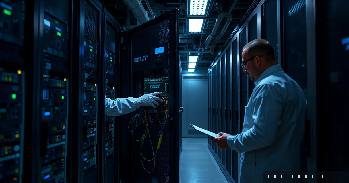 A technician installs an accelerator card into a server rack while an engineer tests the upgraded machine under realistic load in a data center laboratory.