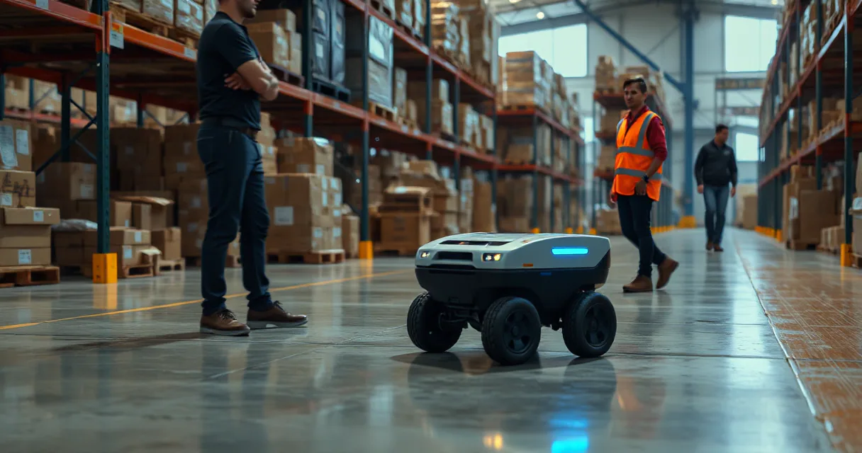 A mobile warehouse robot operates autonomously within a large industrial warehouse, collecting, scanning, and delivering an unmarked parcel while being observed by two technicians. The environment is detailed with shelves of boxes and a polished concrete floor, emphasizing the real-world application