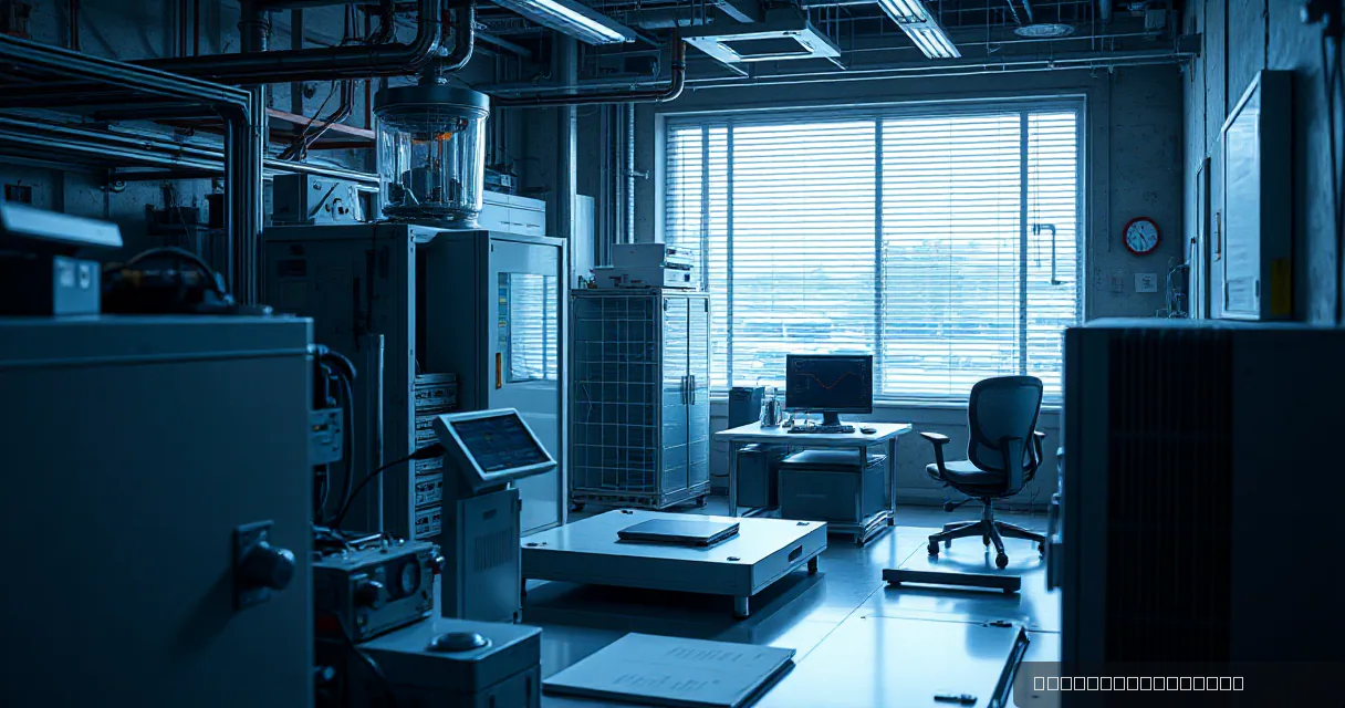 An AI laboratory scene where two calibration mechanisms test an accelerator card in one open machine while a cooling unit runs beside it, symbolizing the convergence of digital elements into a unified process.