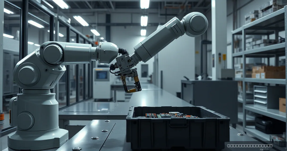 A robotic arm sorts components into separate trays within a clean fabrication bay, emphasizing precision and technological advancement.