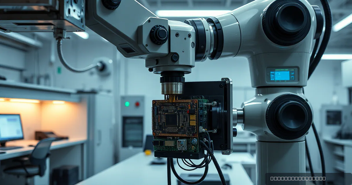 A robotic arm in a clean fabrication bay precisely installs and calibrates a new accelerator card within a high-tech laboratory setting.